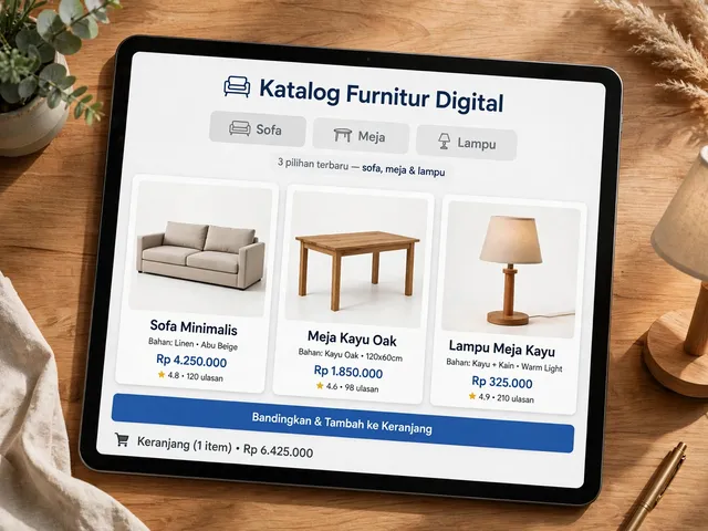 Katalog furnitur di aplikasi dekorasi rumah pada tablet dengan pilihan sofa dan meja