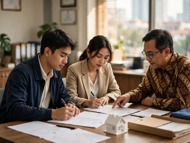 Pasangan menandatangani dokumen kredit rumah sambil menyiapkan biaya akad kpr di kantor notaris