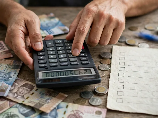 Tangan menghitung biaya kpr apa saja memakai kalkulator dan uang rupiah di meja kerja