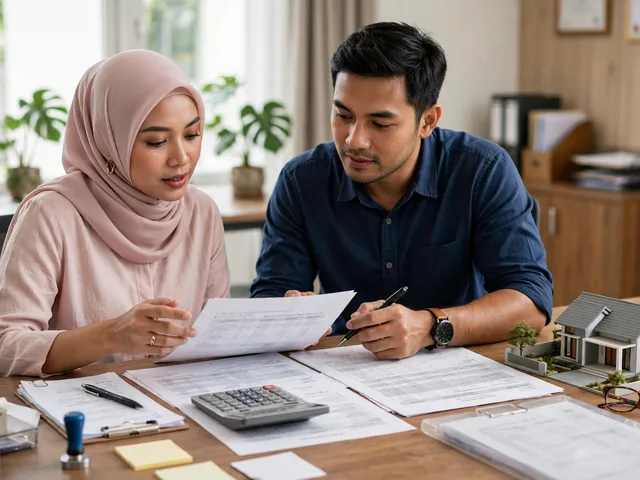 Pasangan menghitung rincian biaya notaris kpr untuk rumah baru memakai kalkulator di meja notaris
