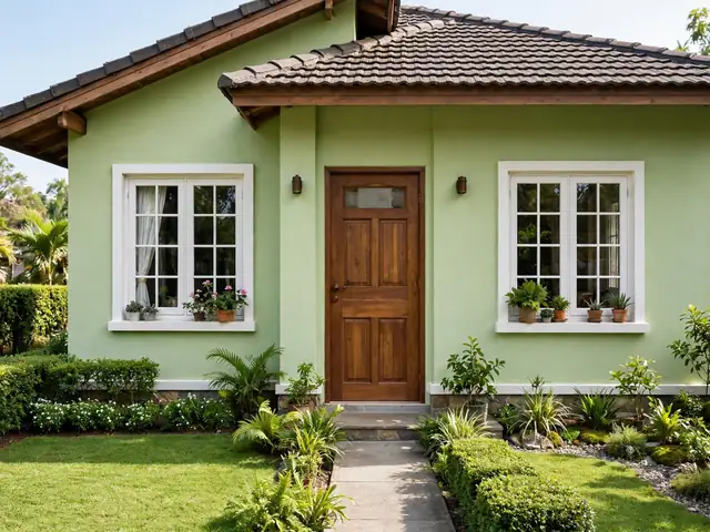 Rumah satu lantai dengan cat rumah hijau muda segar, pintu kayu cokelat, dan halaman hijau rapi
