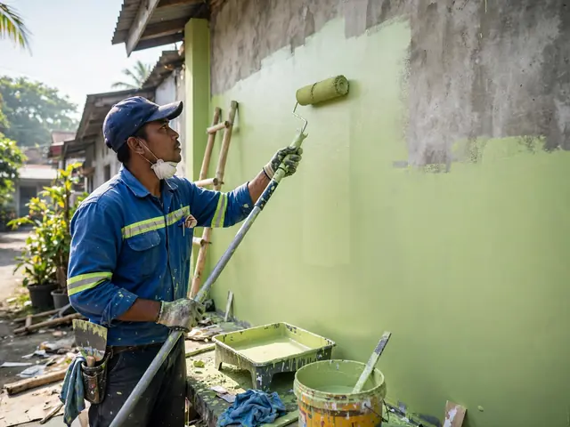 Tukang cat mengoleskan cat rumah hijau muda pada dinding fasad dengan rol di pagi hari yang cerah