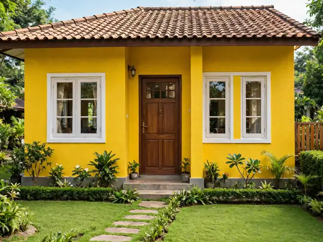 Rumah satu lantai dengan cat rumah warna kuning kunyit cerah, pintu kayu cokelat, dan halaman hijau rapi