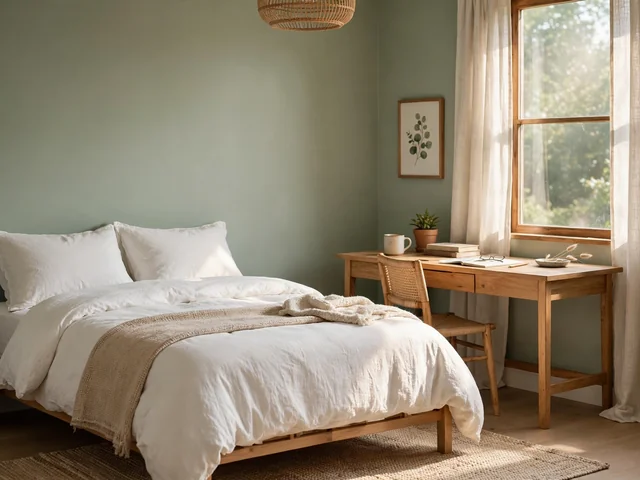 Kamar tidur dekorasi cat kamar warna sage lembut dengan kasur putih dan cahaya pagi