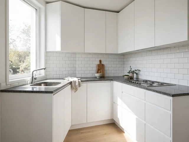 Dapur mungil bergaya dekorasi dapur minimalis dengan kitchen set letter L putih, backsplash keramik, dan meja granit