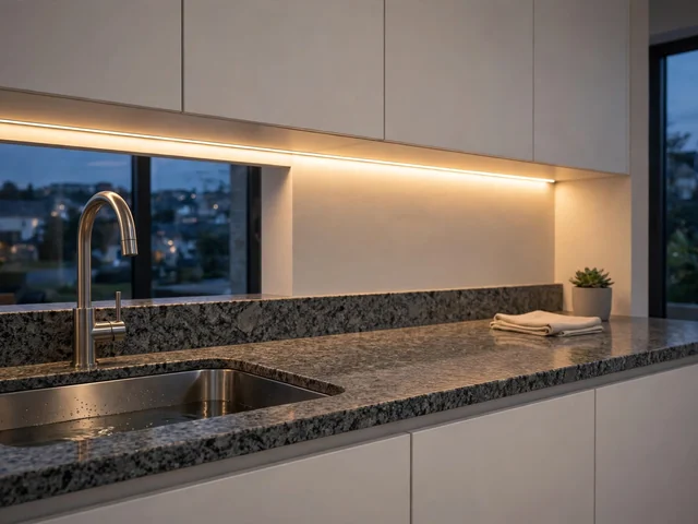 Dekorasi Dapur Minimalis: 7 Cara Hemat Terbaru 2 Pencahayaan tugas dekorasi dapur minimalis di bawah kabinet atas menerangi meja dapur granit dan area cuci