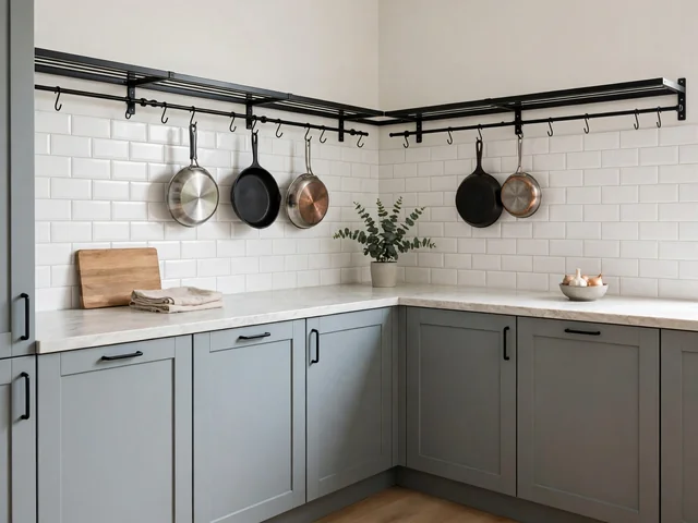 Dekorasi Dapur Minimalis: 7 Cara Hemat Terbaru 1 Sudut dekorasi dapur minimalis dengan kitchen set letter L, rak dapur gantung besi, dan backsplash dapur keramik putih