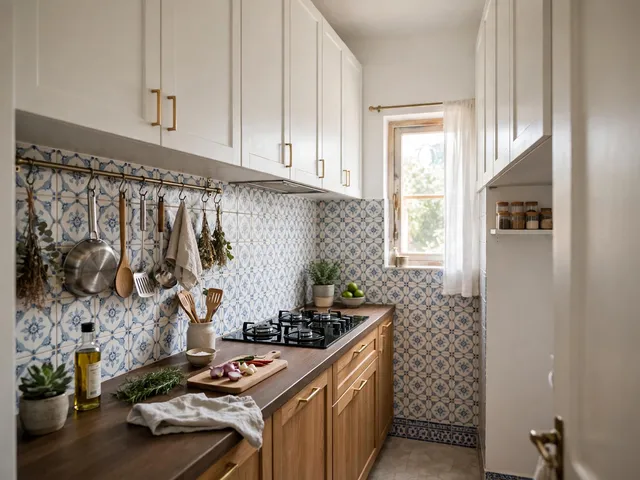 Dapur mungil dekorasi dapur sempit dengan kabinet atas putih, rak gantung, dan kompor tanam