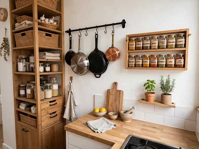 Dekorasi Dapur Sempit dengan 8 Trik Hemat Tempat 1 Penyimpanan vertikal dekorasi dapur sempit dengan rak gantung panci dan tempat bumbu