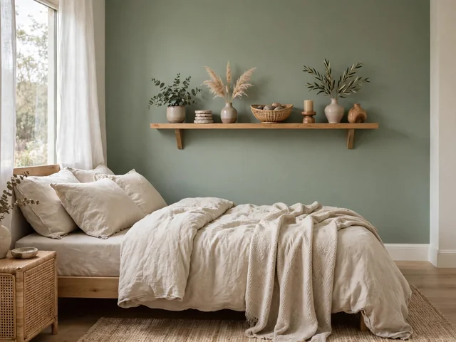 Dekorasi Dinding: 7 Cara Estetik Terbaru 1 Dekorasi dinding kamar tidur dengan cat aksen hijau sage dan rak pajang kayu