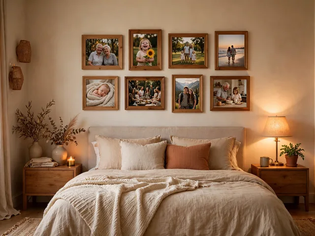 Dekorasi Dinding Kamar dengan 8 Treatment Hemat Terbaru 2 Galeri foto dekorasi dinding kamar dengan bingkai kayu tersusun rapi di atas kasur dan cahaya lampu hangat