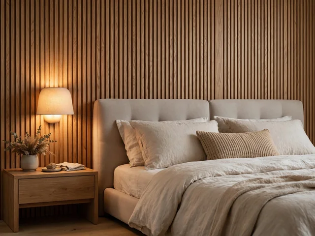 Dinding kamar dari dekorasi dinding kamar tidur dengan panel kayu, headboard, dan lampu tidur hangat di balik kasur