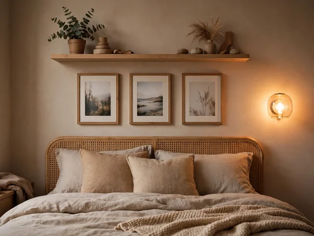 Dekorasi Dinding Kamar Tidur 7 Treatment Nyaman Terbaru 2 Lampu tidur hangat untuk dekorasi dinding kamar tidur dengan rak dinding dan bingkai foto di atas kasur