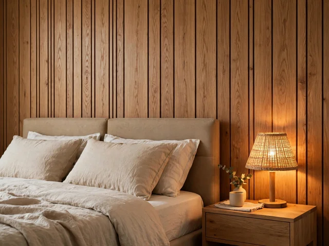 Dekorasi Dinding Kamar Tidur 7 Treatment Nyaman Terbaru 1 Panel kayu untuk dekorasi dinding kamar tidur dengan headboard dan lampu tidur hangat di samping kasur