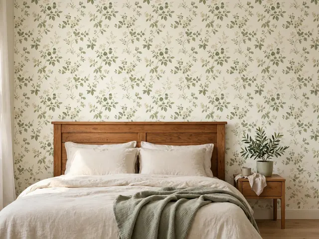 Dekorasi Dinding Kamar dengan 8 Treatment Hemat Terbaru 1 Wallpaper motif dekorasi dinding kamar bernuansa krem dan hijau dengan kepala kasur kayu dan tanaman kecil di meja samping