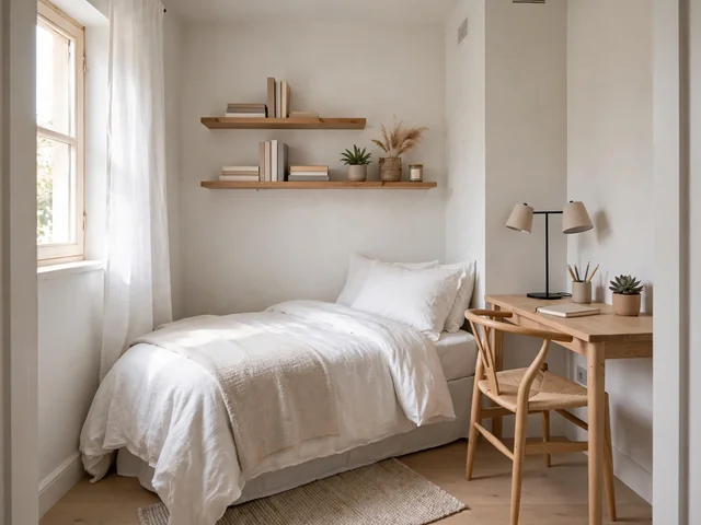Kamar mungil dekorasi kamar 3x3 dengan kasur single menempel dinding, rak dinding, dan meja kecil di sudut