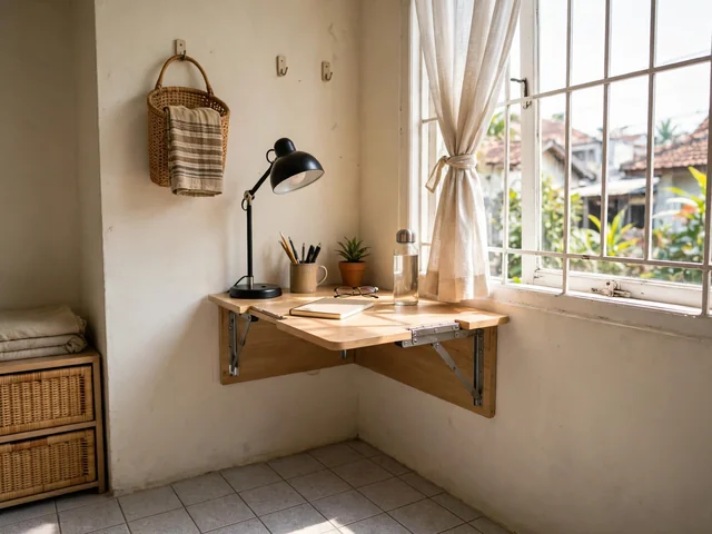 Meja belajar lipat di kamar kost mungil dekat jendela untuk dekorasi kamar kost 3x3 yang terang
