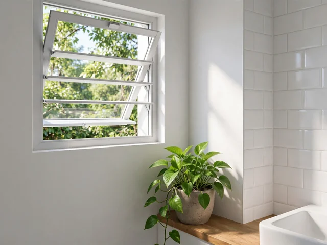 Dekorasi Kamar Mandi: 7 Cara Bersih Terbaru 2 Dekorasi kamar mandi segar dengan ventilasi jendela dan tanaman hijau di sudut