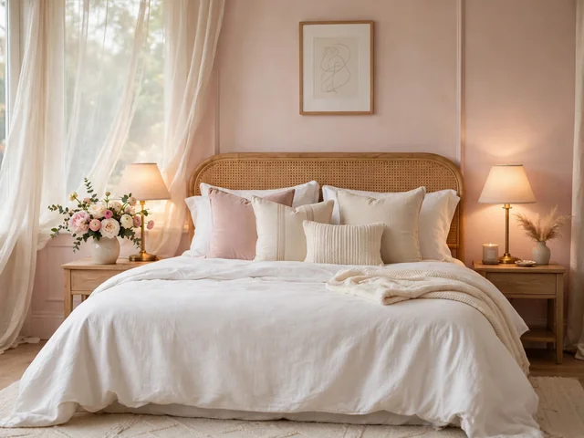 Kamar tidur dekorasi kamar pengantin bernuansa blush pink dan krem dengan sprei putih, buket bunga segar, dan lampu tidur hangat