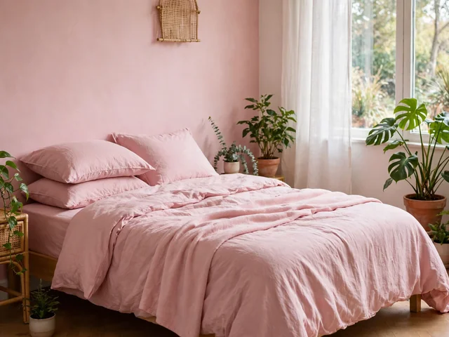 Dinding pastel untuk dekorasi kamar pink dengan seprai pink lembut dan tanaman hias di sudut kamar