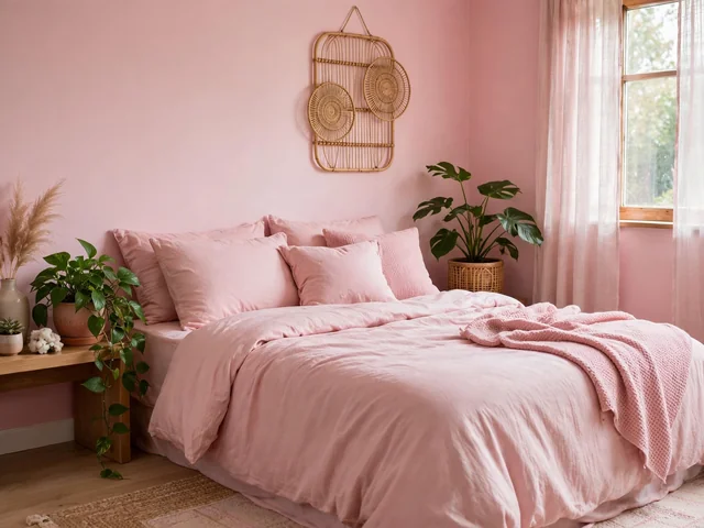 Kamar dari dekorasi kamar pink dengan dinding pink pastel, seprai pink lembut, dan tanaman hias di sudut kamar