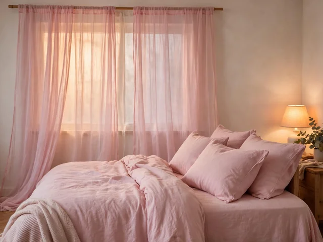 Seprai lembut untuk dekorasi kamar pink dengan gorden pink tipis dan lampu hangat di meja samping
