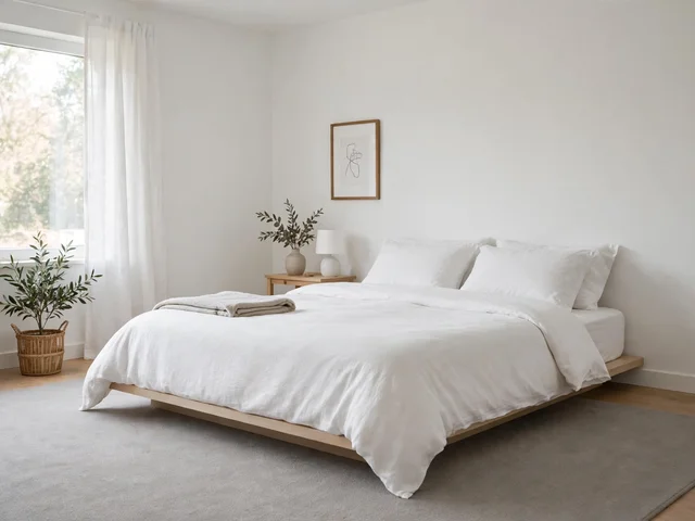 Kamar tidur terang bergaya dekorasi kamar simpel dengan tempat tidur rendah, palet putih, dan karpet polos