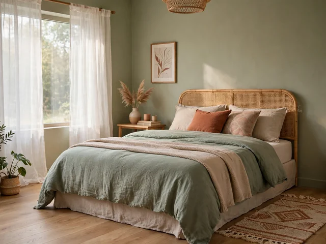 Tema warna dekorasi kamar dengan gorden tipis dan karpet lantai di samping kasur