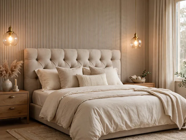 Kamar tidur dari dekorasi kamar tidur elegan dengan headboard empuk, lampu gantung, dan seprai katun warna krem