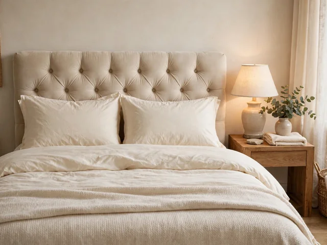 Headboard empuk dan lampu meja untuk dekorasi kamar tidur elegan dengan seprai katun warna krem