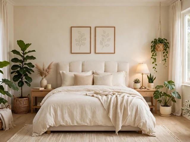 Dekorasi Kamar Wanita Dewasa: 7 Cara Terbaik 1 Kamar tidur elegan bergaya dekorasi kamar wanita dewasa dengan tempat tidur queen, palet krem, dan tanaman hias indoor
