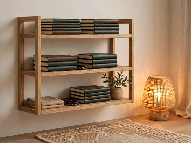 Rak dekorasi mushola rumah minimalis dengan Al-Quran tersusun rapi dan lampu hangat