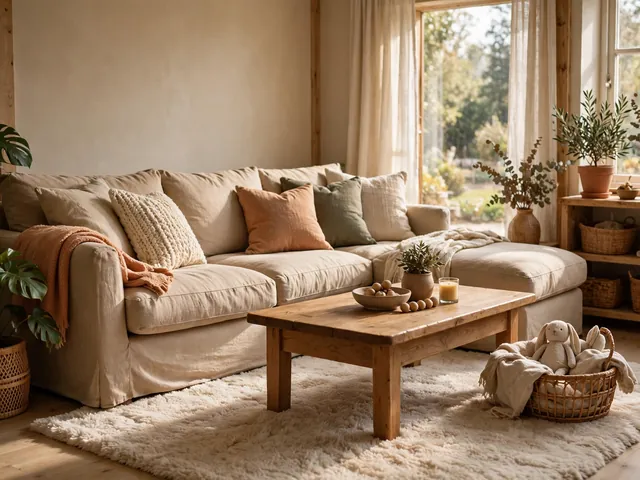 Dekorasi ruang keluarga hangat dengan sofa besar, karpet lembut, dan meja kayu untuk berkumpul