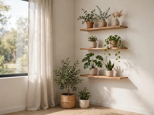Sudut dekorasi ruang tamu minimalis dengan rak dinding kayu dan tanaman hias indoor di dekat jendela