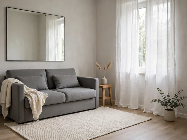 Ruang tamu mungil bergaya dekorasi ruang tamu minimalis dengan sofa abu-abu, karpet krem, dan cermin dinding besar