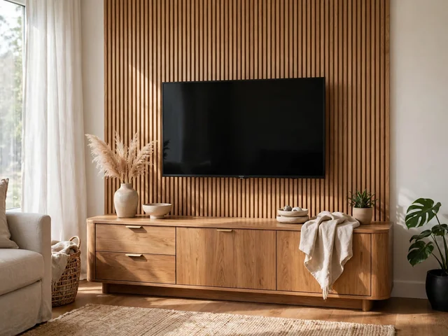 Dekorasi Ruang TV: 7 Cara Nyaman Terbaru 1 Dekorasi ruang TV dengan rak TV kayu dan kabel tersembunyi di balik panel dinding