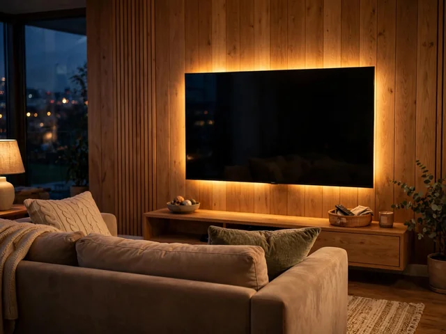 Dekorasi ruang TV nyaman dengan sofa empuk menghadap TV 55 inci dan panel dinding kayu