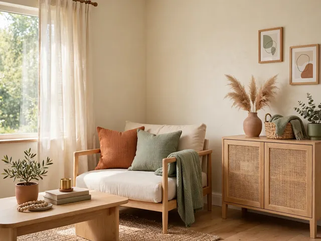 Palet warna hangat dalam dekorasi rumah estetik untuk ruang tamu dengan sofa krem dan bantal tanah