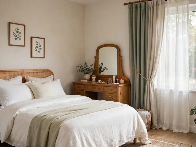 Kamar tidur dekorasi rumah dengan seprai terang, meja rias kayu, dan gorden dua lapis