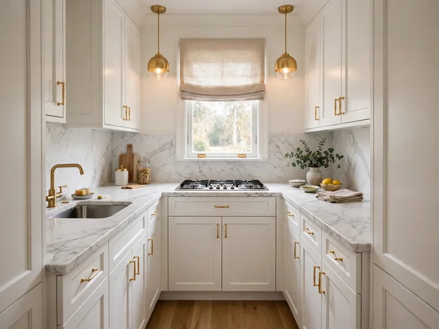 Dapur dekorasi rumah kecil tapi mewah dengan kabinet putih, gagang emas, dan meja marmer