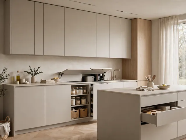 Dekorasi Rumah Minimalis dengan 5 Prinsip Rapi Terbaru 2 Dapur dekorasi rumah minimalis warna netral dengan kabinet tanpa gagang dan penyimpanan tersembunyi