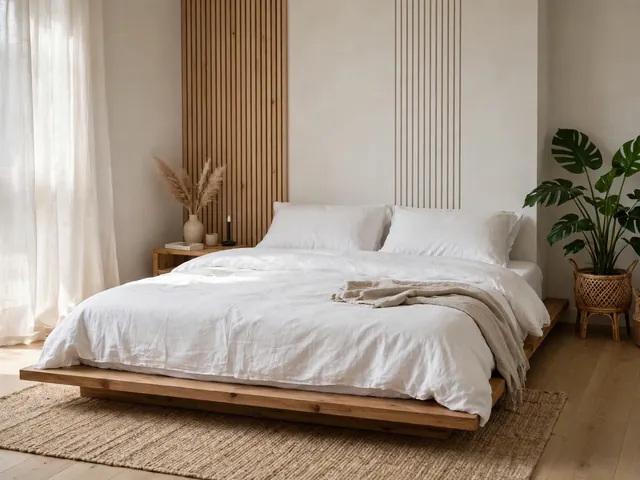Dekorasi Rumah Minimalis dengan 5 Prinsip Rapi Terbaru 1 Kamar tidur dekorasi rumah minimalis dengan kasur rendah, seprai putih, dan tanaman hias