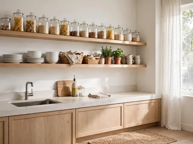 Dapur rapi dekorasi rumah sederhana tapi elegan dengan rak tertata dan cahaya hangat