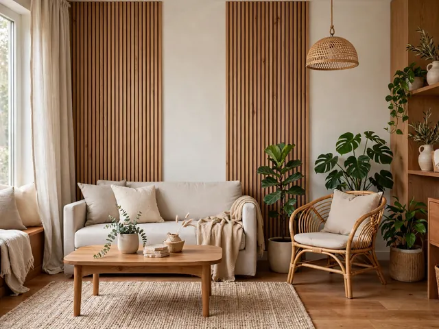 Ruang tamu dekorasi rumah sederhana tapi elegan dengan warna netral, kayu hangat, dan tanaman hias
