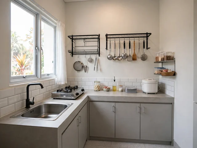 Dapur rumah subsidi rapi dengan rak gantung murah untuk dekorasi rumah subsidi yang hemat tempat
