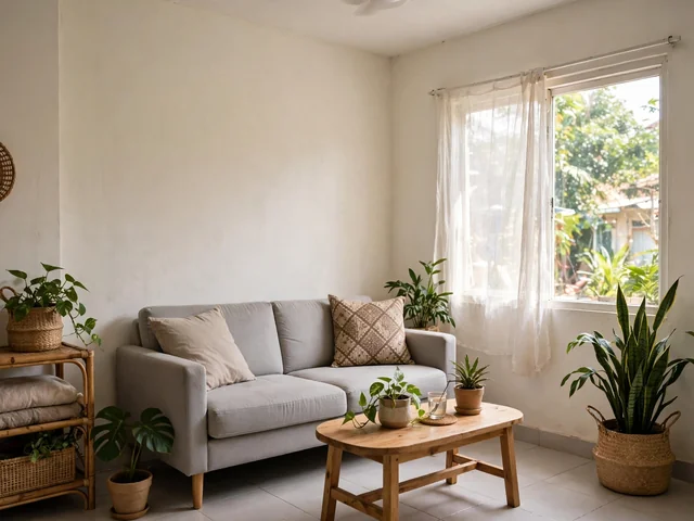 Ruang tamu rumah subsidi cerah dengan furnitur hemat untuk dekorasi rumah subsidi yang nyaman