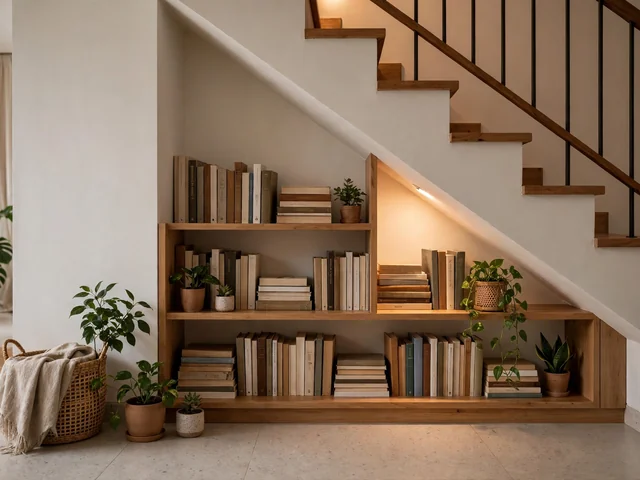 Area bawah tangga untuk dekorasi tangga rumah dengan rak buku rapi dan pot tanaman kecil