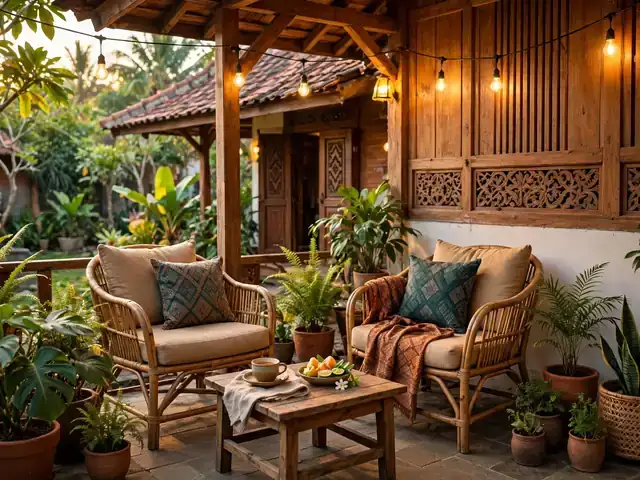 Dekorasi teras rumah hangat dengan kursi outdoor rotan, meja kecil, dan lampu taman kuning di sore hari