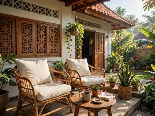 Dekorasi Teras Rumah dengan 11 Sentuhan Hangat Terbaru 1 Dekorasi teras rumah dengan kursi outdoor rotan dan bantal duduk warna krem di samping meja kecil