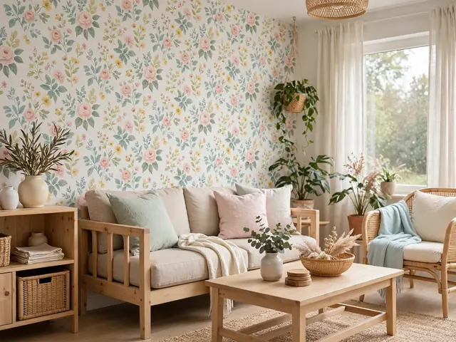 Ruang keluarga dari dekorasi wallpaper dinding dengan motif bunga pastel dan perabot kayu terang yang hangat